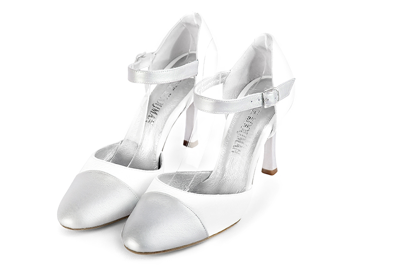 Light silver and pure white women's open side shoes, with an instep strap. Round toe. Very high slim heel. Front view - Florence KOOIJMAN